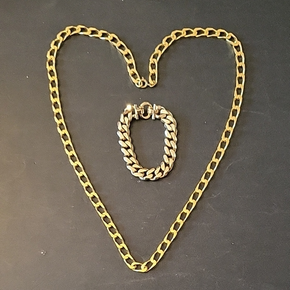 Gold-tone Cuban-Link Chain Necklace & Chunky Statement Bracelet Set